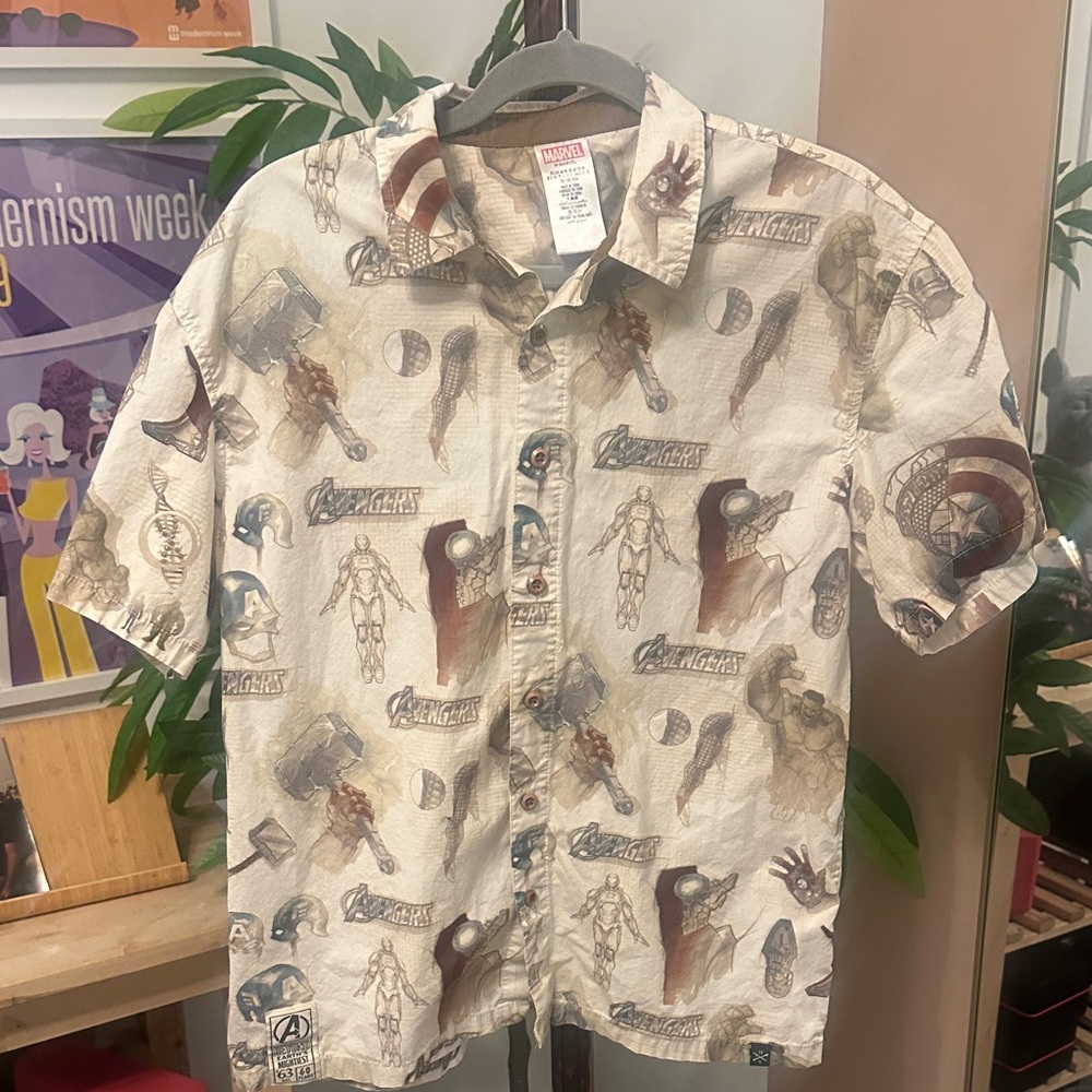 Disney Marvel Cream and Brown Short Sleeve Button-Up Shirt with Avengers Print